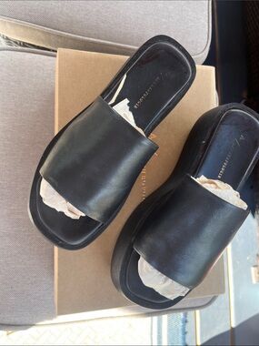 Anthropologie Black Leather Slide Mules